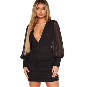🔥 Black Long Sleeve Chiffon Ruched Bodycon Dress